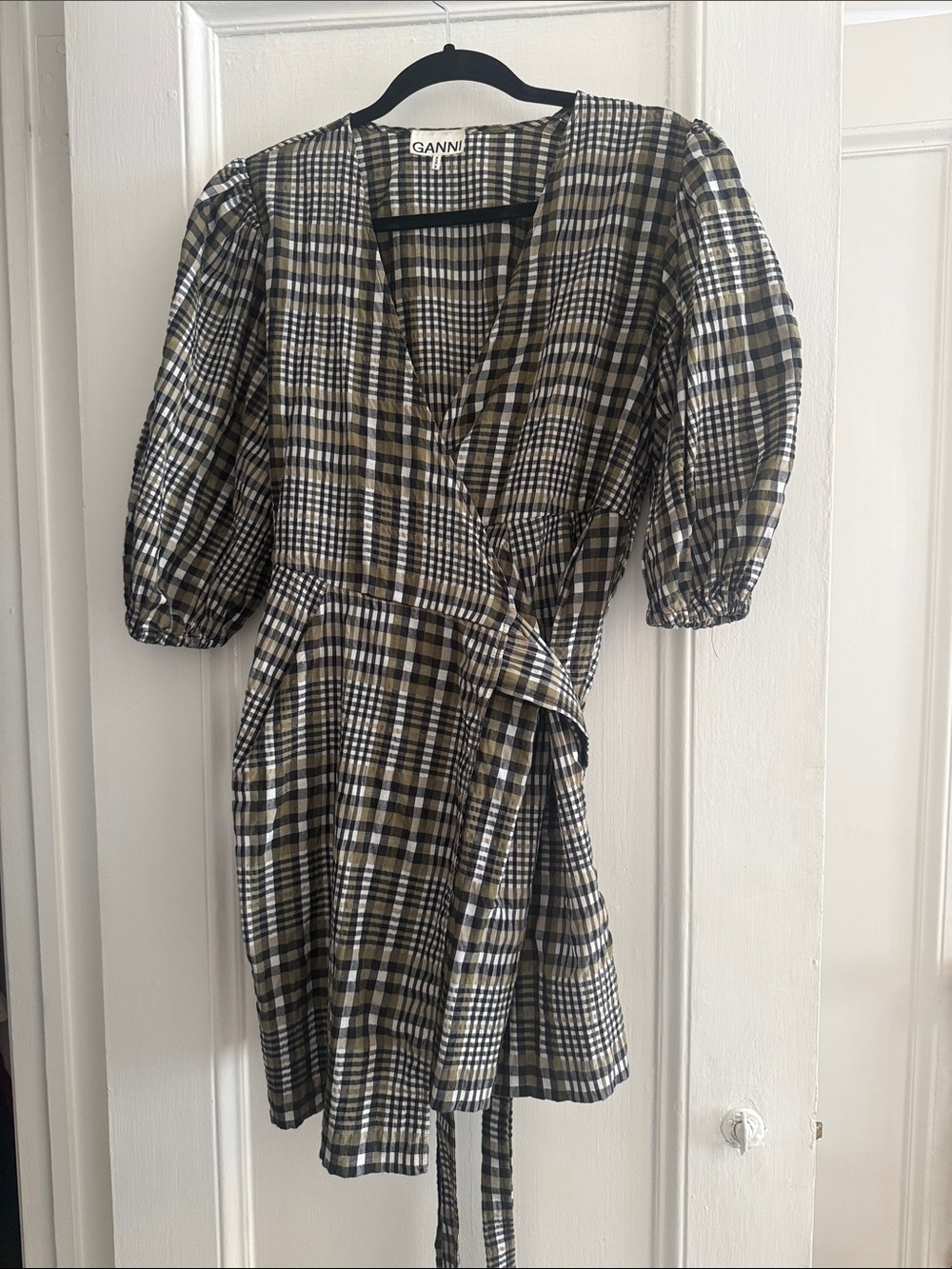 Ganni Olive and Black Plaid Wrap Mini Dress
